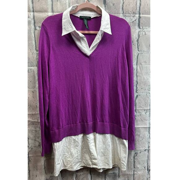 Lauren Ralph Lauren Women’s Layered Cotton V-Neck Collar Sweater Size 1X Purple - Picture 2 of 5